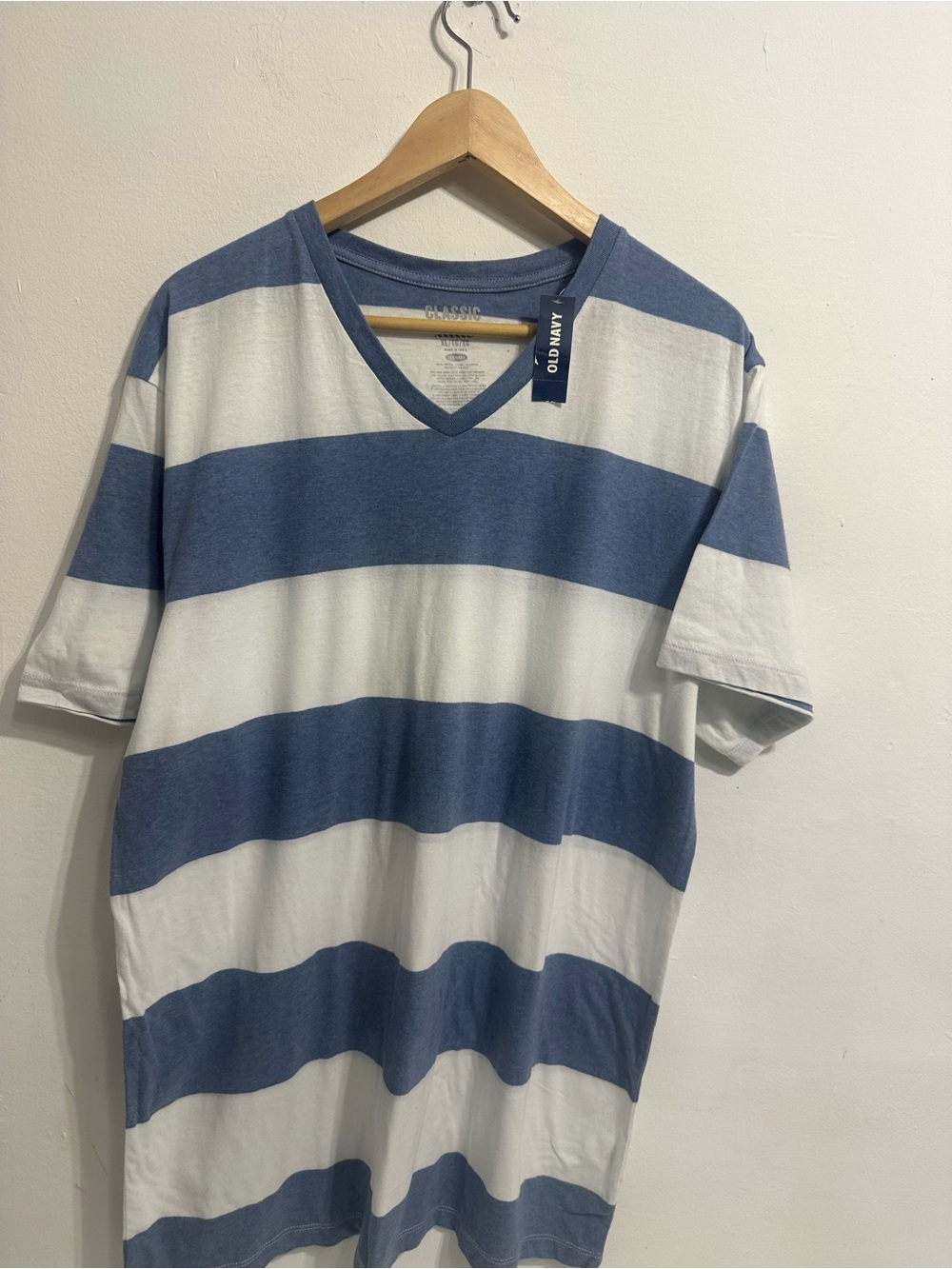 Old Navy Blue and White Wide-Stripe V-Neck Tee